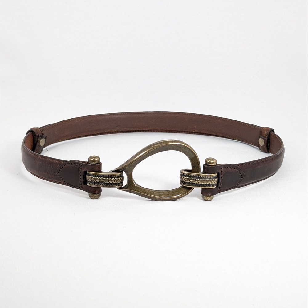 Genuine Leather Dress Waist Belt Antique Brass Teardrop Hook Loop Brown XL 20160